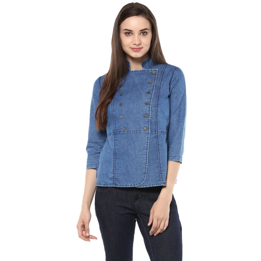 Snuggle Spot Women's Denim Solid 3-4th Sleeves Regular Top (Blue)