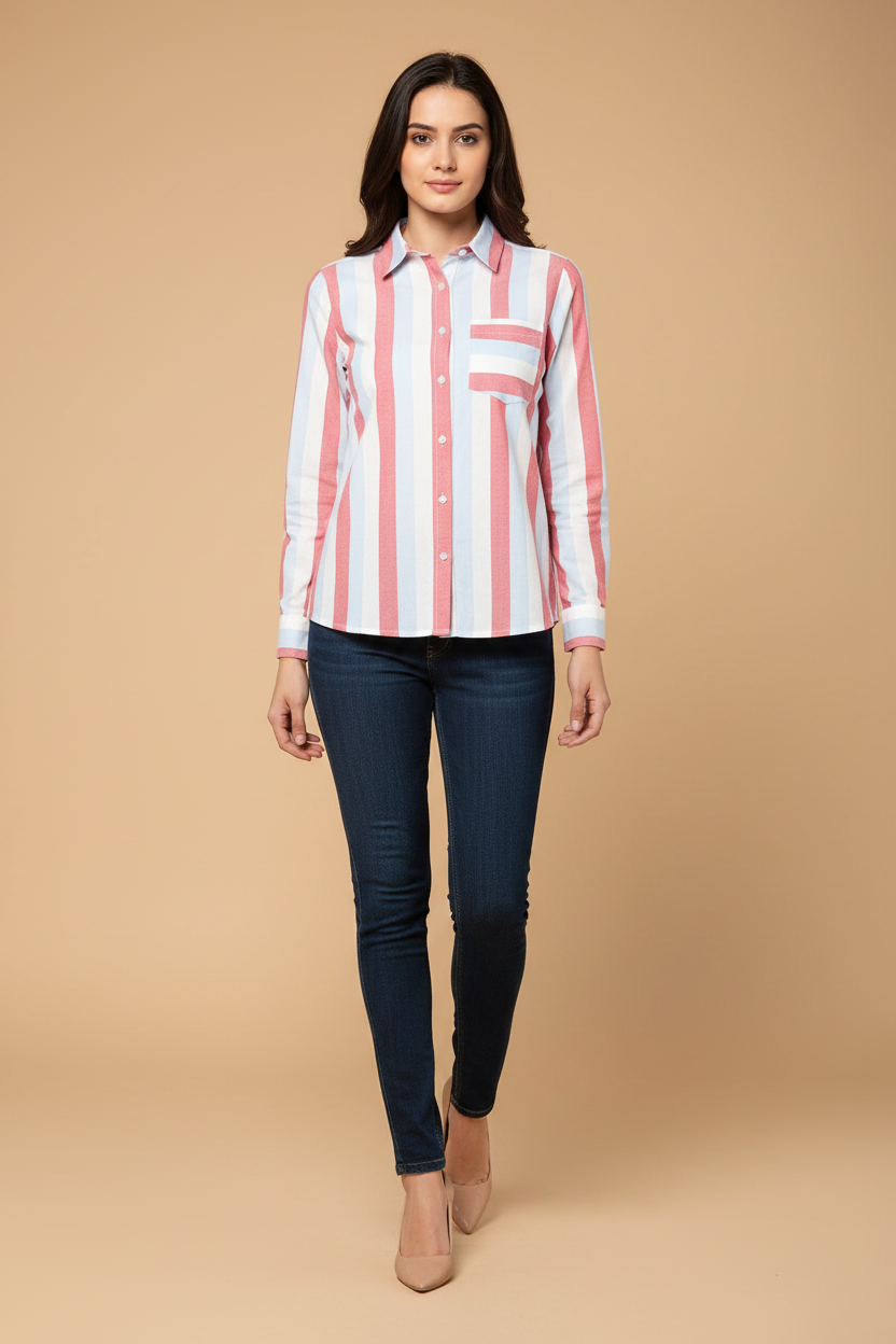 Snuggle Spot Women's Cotton Striped Roll Up Sleeve Regular Top (Red)