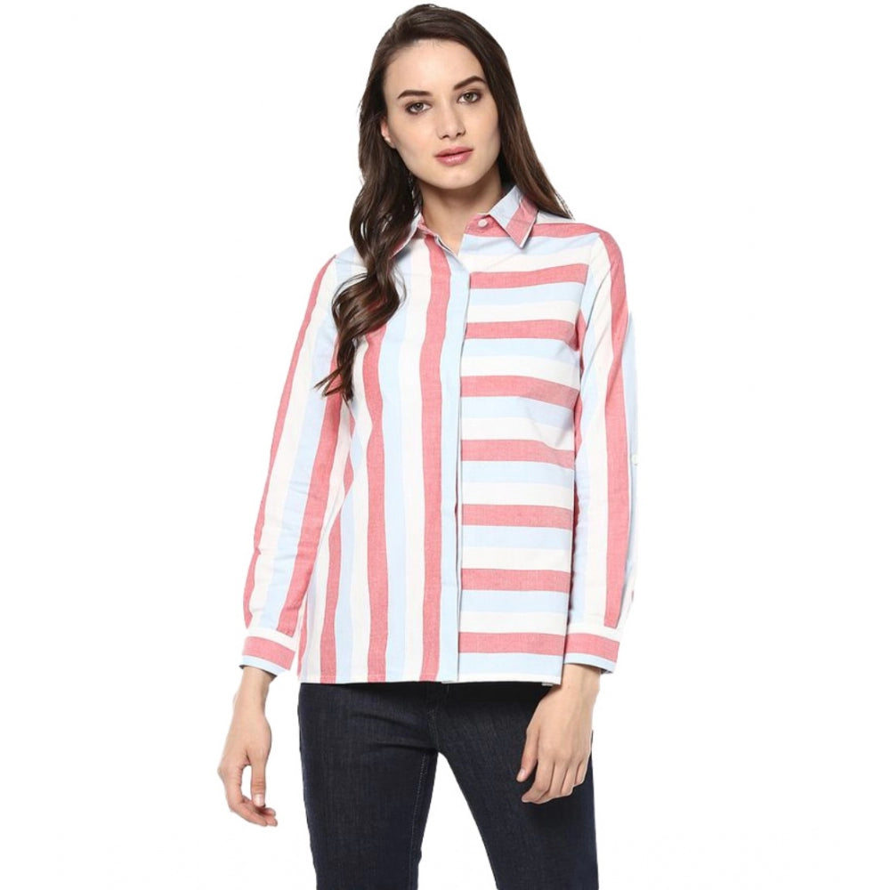 Snuggle Spot Women's Cotton Striped Roll Up Sleeve Regular Top (Red)