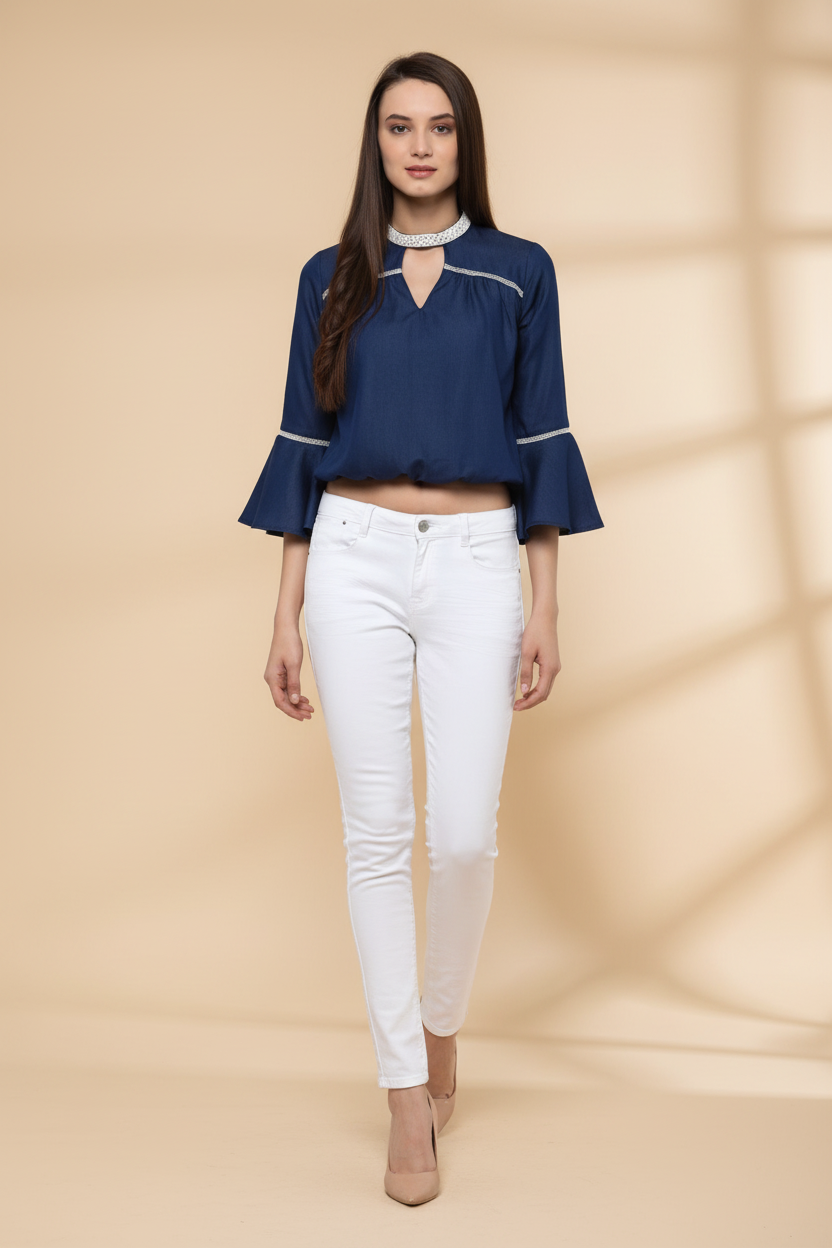 Snuggle Spot Women's Polyester Solid Bell Sleeve Regular Top (Blue)