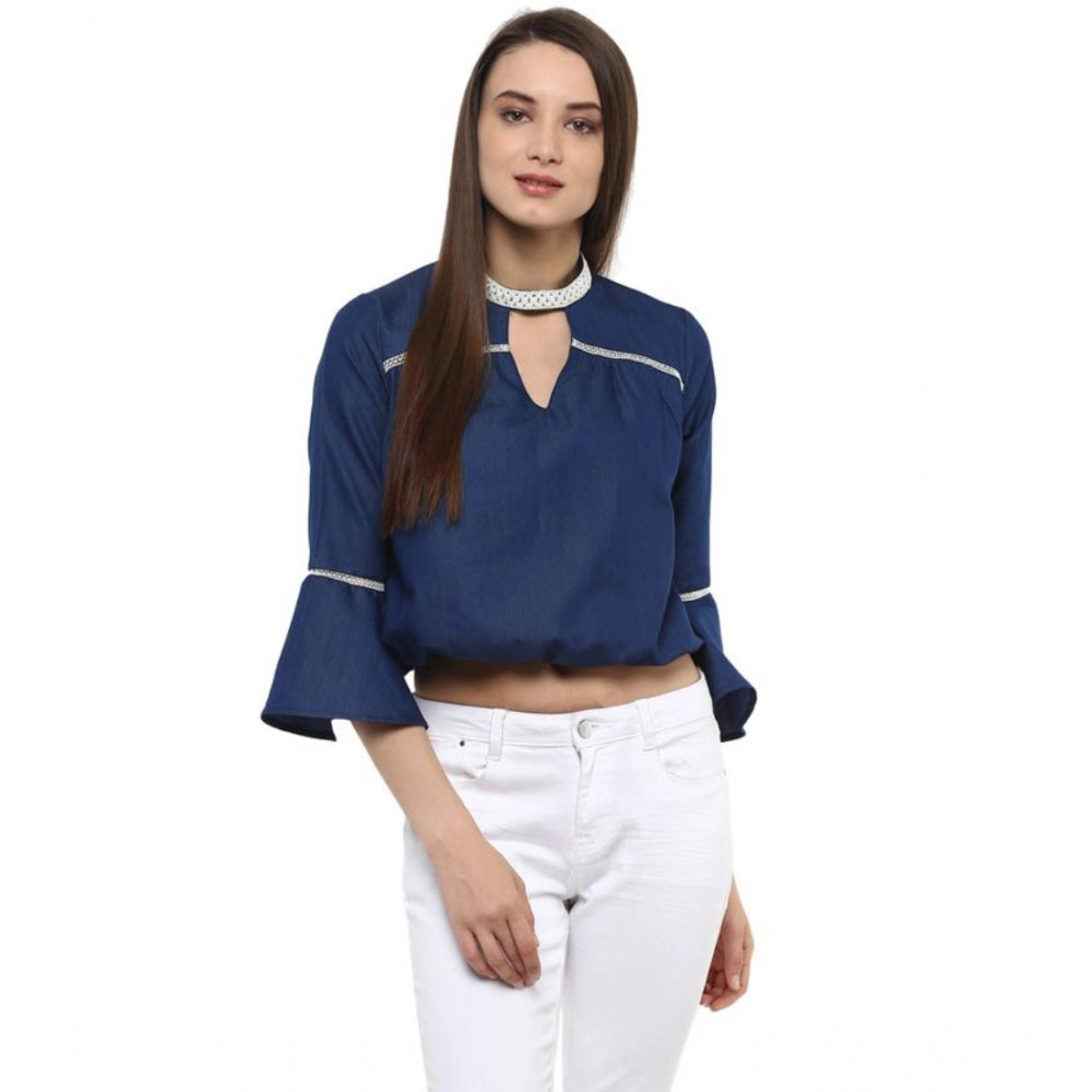 Snuggle Spot Women's Polyester Solid Bell Sleeve Regular Top (Blue)