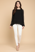 Snuggle Spot Women's Polyester Georgette Self Design Bell Sleeve Regular Top (Black)
