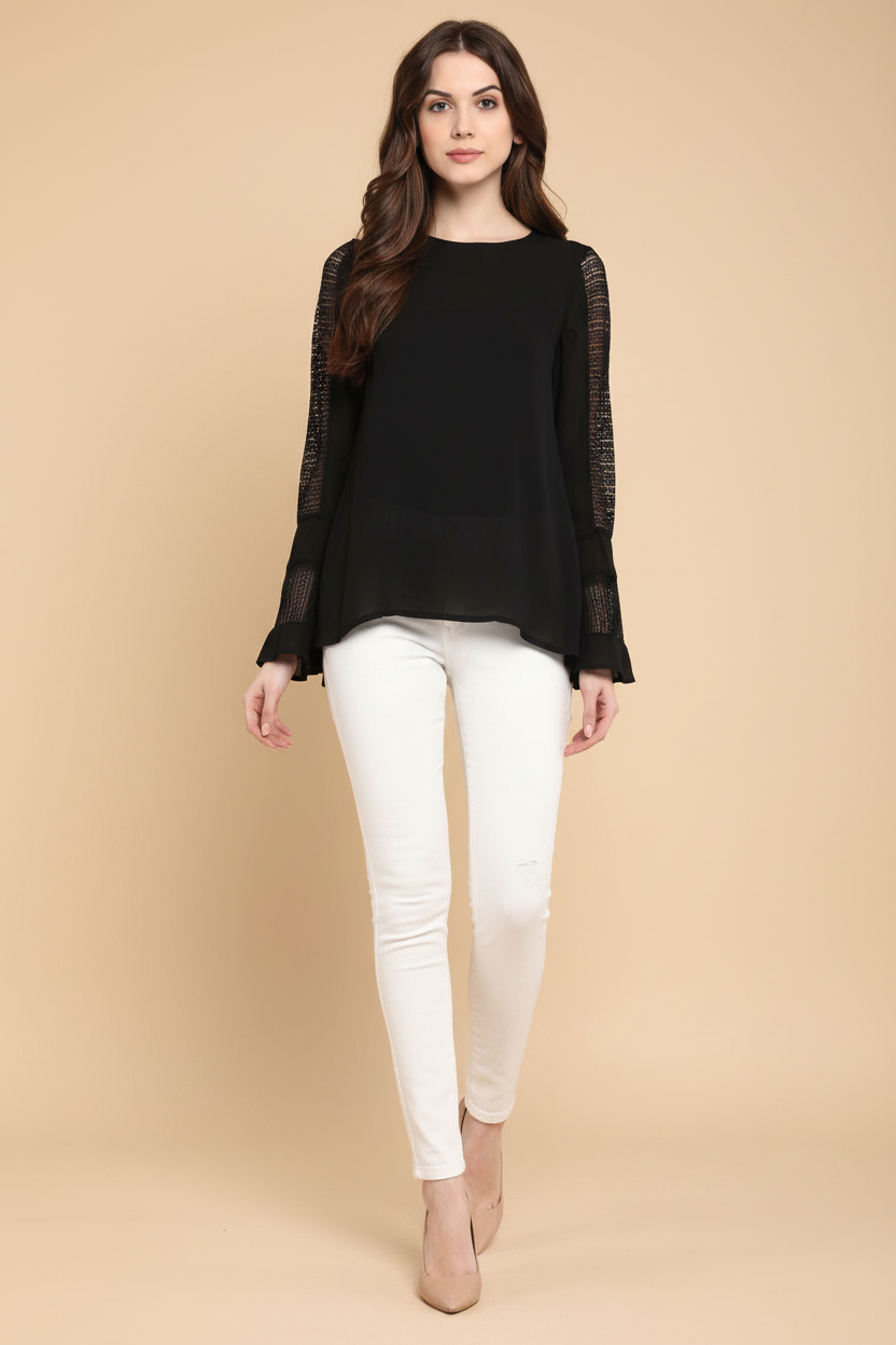 Snuggle Spot Women's Polyester Georgette Self Design Bell Sleeve Regular Top (Black)