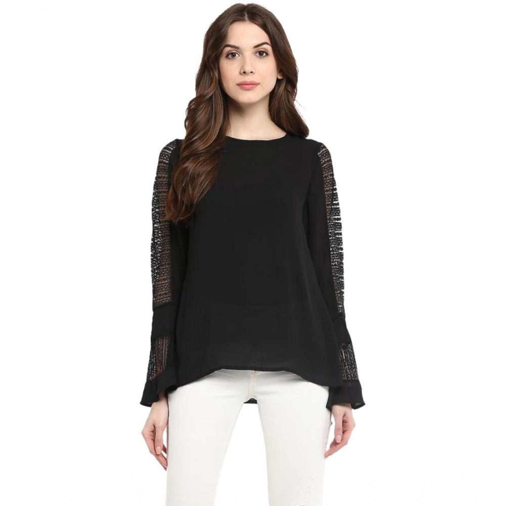 Snuggle Spot Women's Polyester Georgette Self Design Bell Sleeve Regular Top (Black)