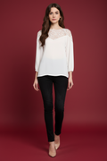 Snuggle Spot Women's Polyester Georgette Self Design 3-4th Sleeves Regular Top (White)