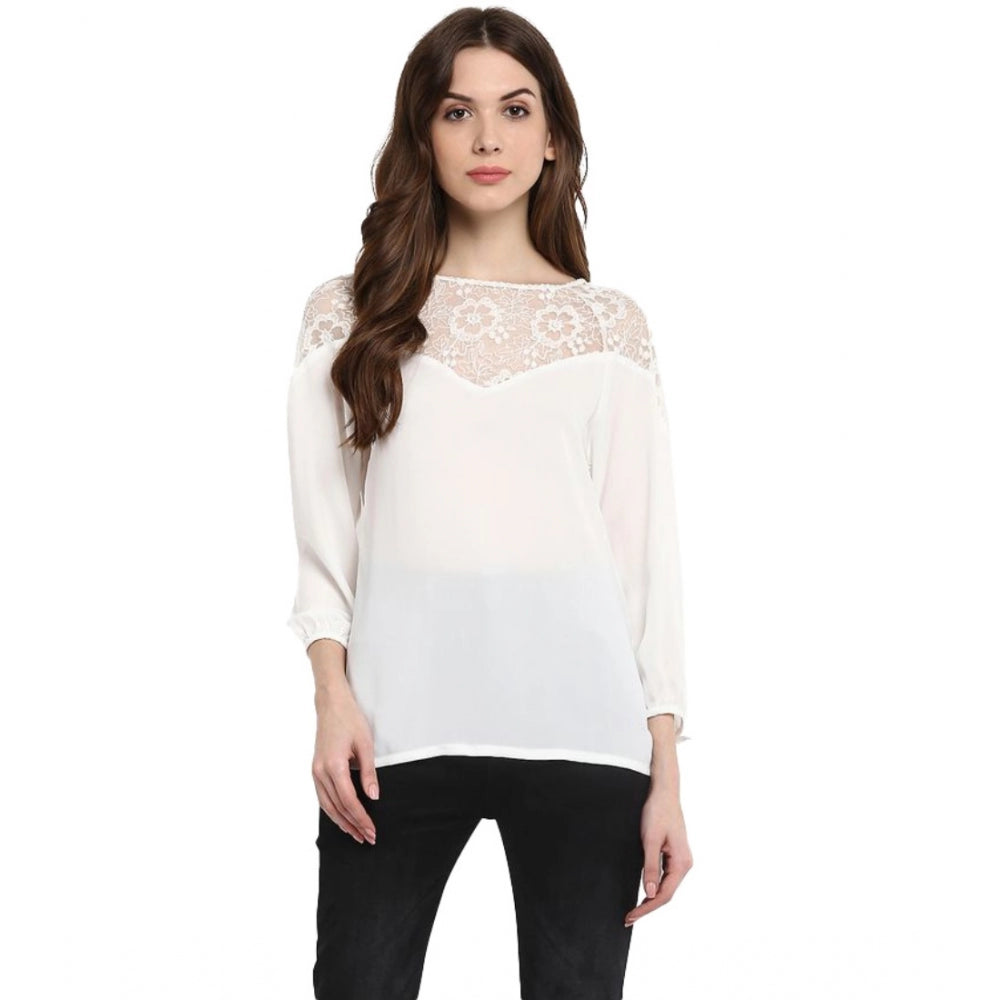 Snuggle Spot Women's Polyester Georgette Self Design 3-4th Sleeves Regular Top (White)
