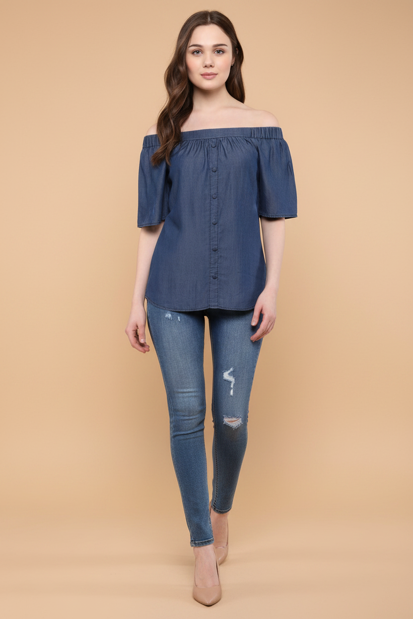 Snuggle Spot Women's Denim Solid Short Sleeve Regular Top (Blue)