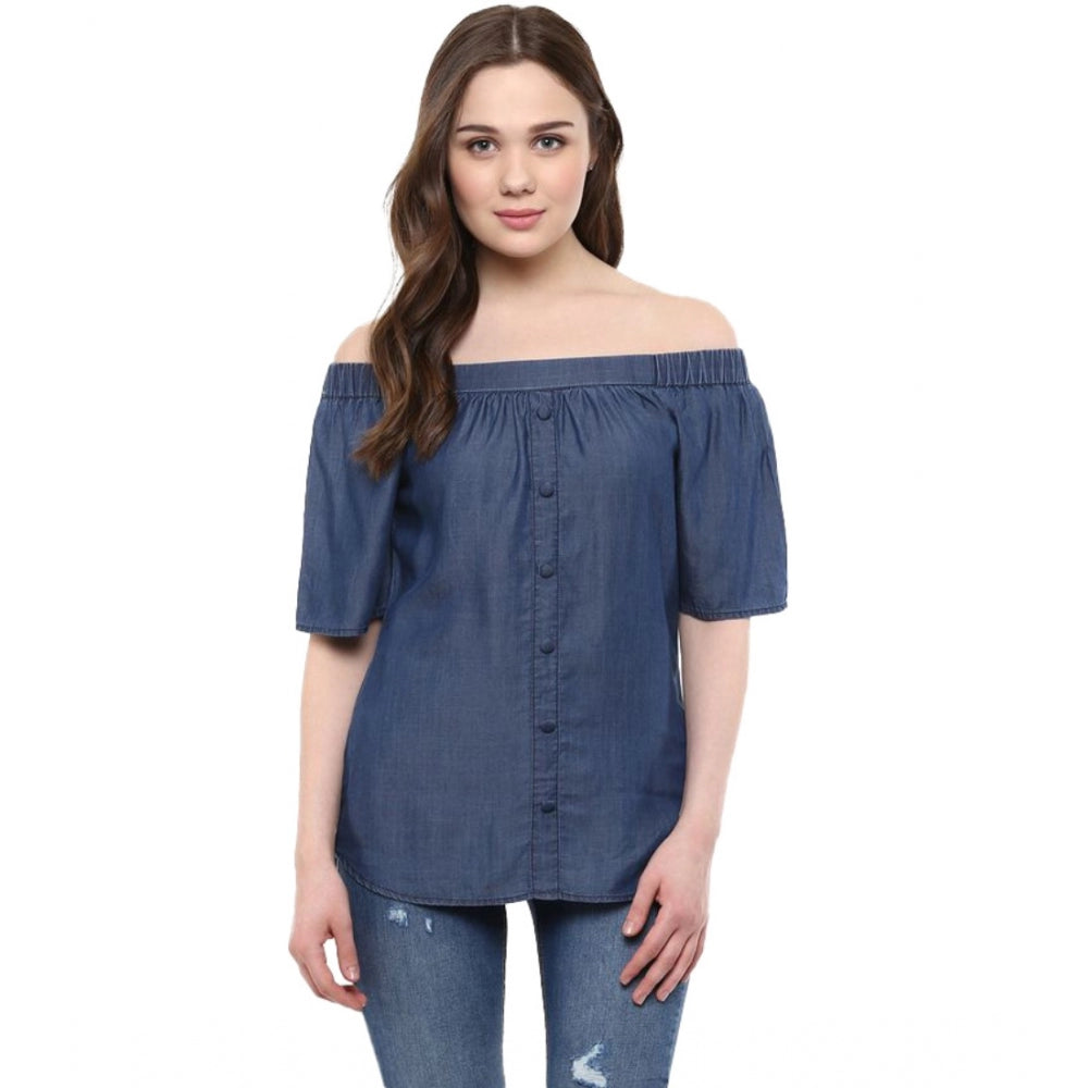 Snuggle Spot Women's Denim Solid Short Sleeve Regular Top (Blue)