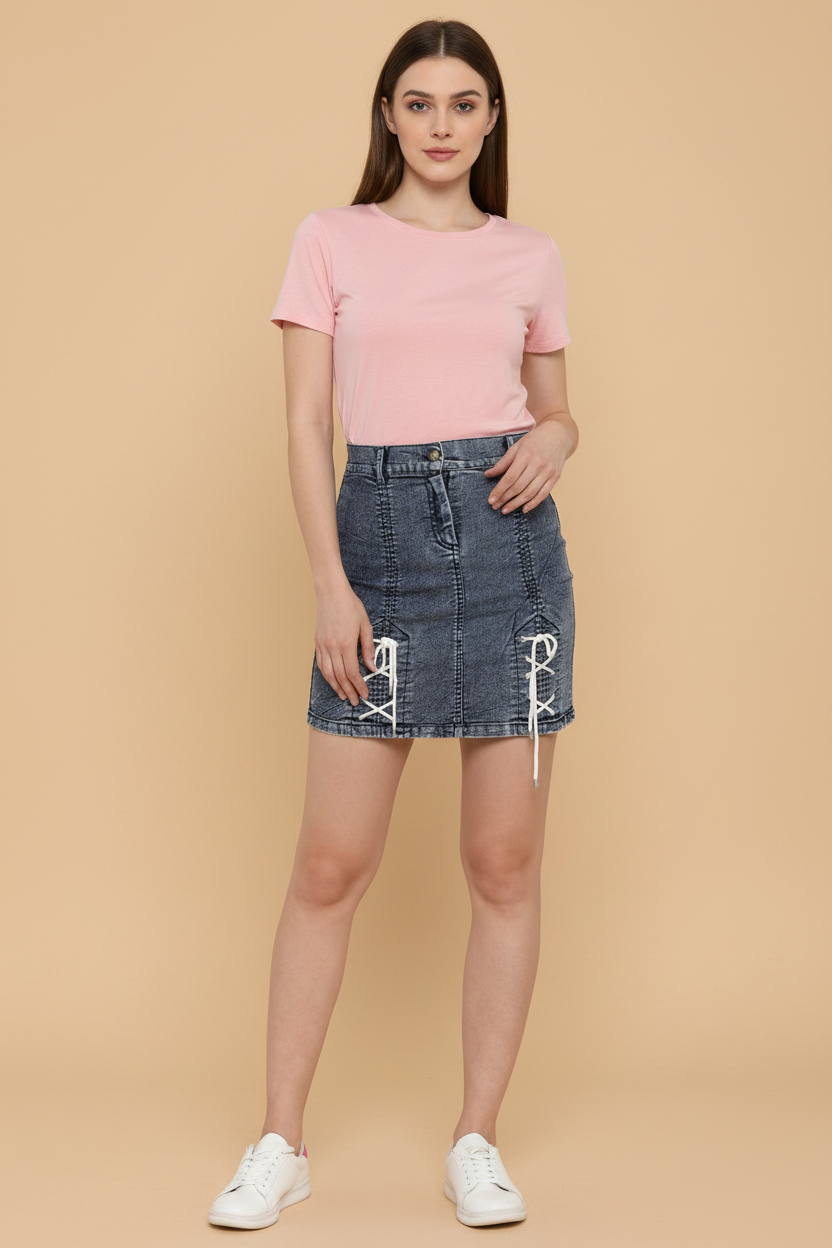 Snuggle Spot Women's Denim Tie Up Buttoned Skirt (Blue)