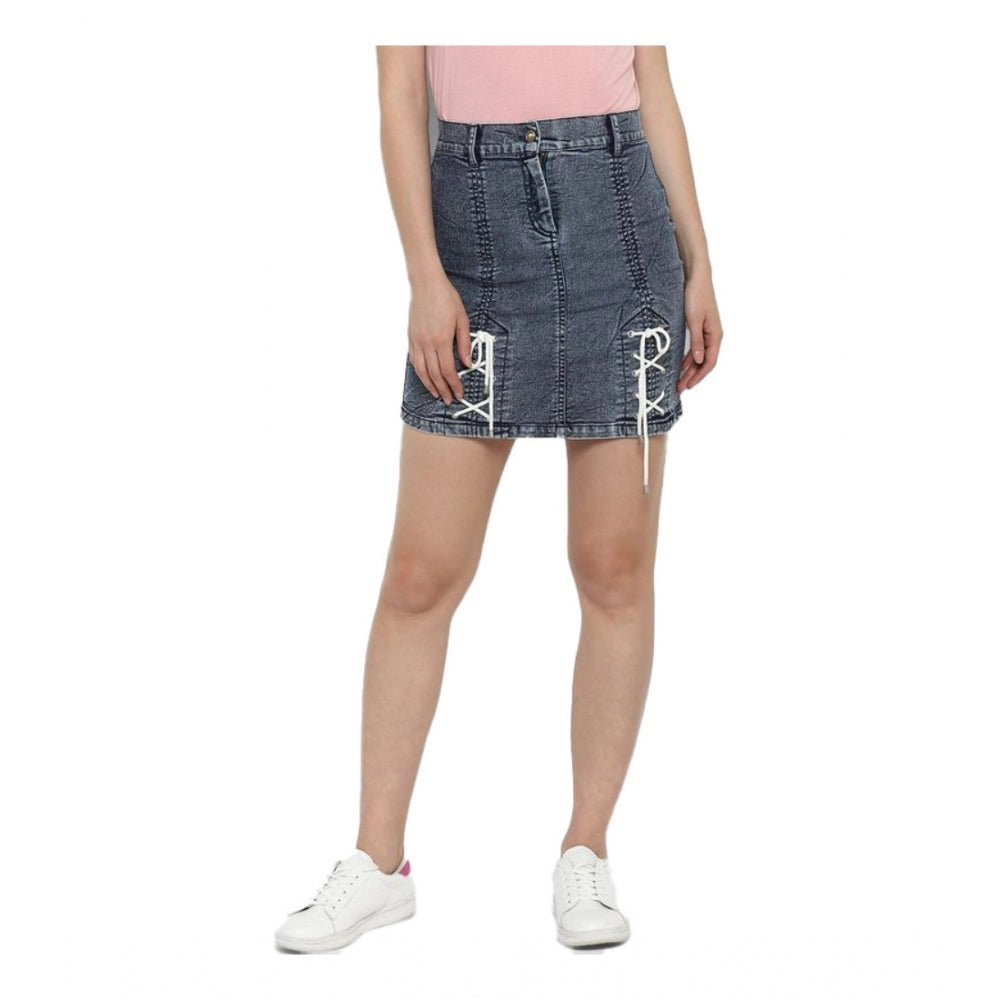 Snuggle Spot Women's Denim Tie Up Buttoned Skirt (Blue)