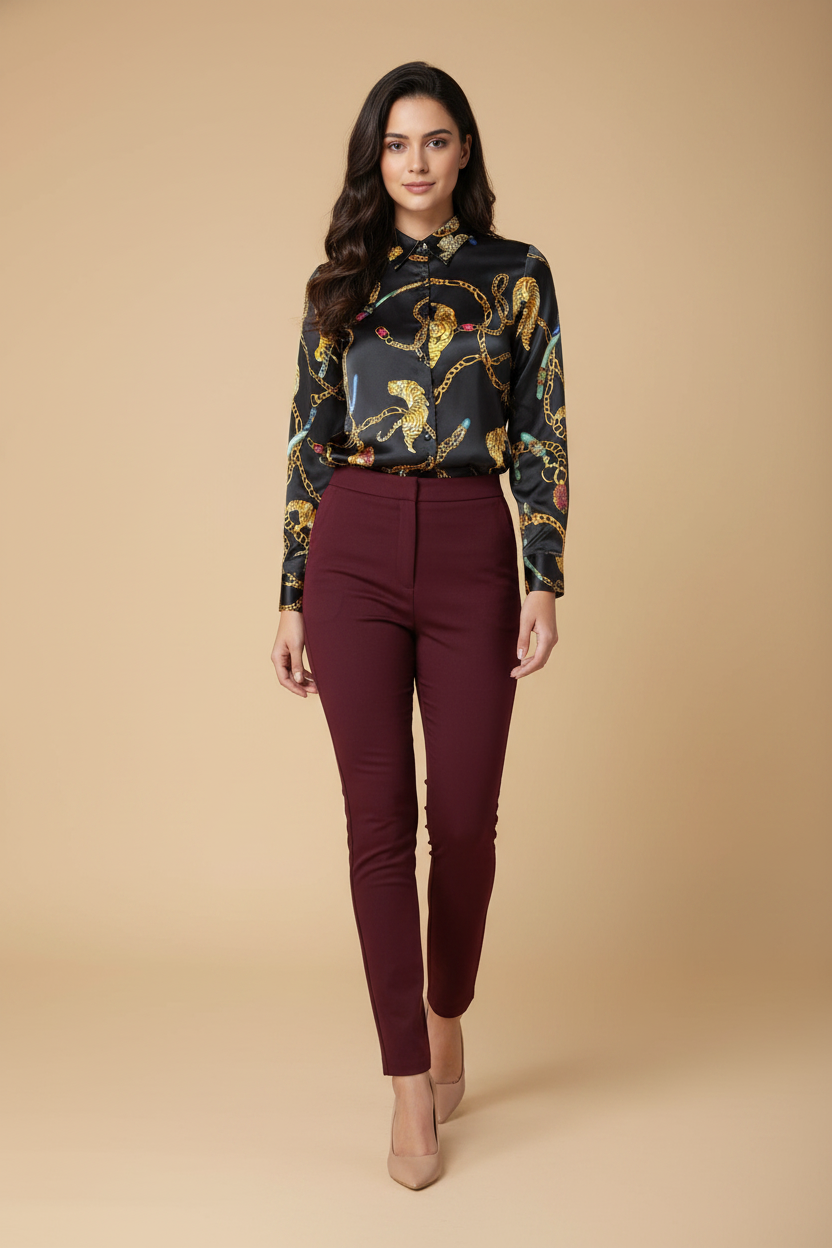 Snuggle Spot Women's Satin Printed Long Sleeves Standard Length Shirt (Black - Gold)