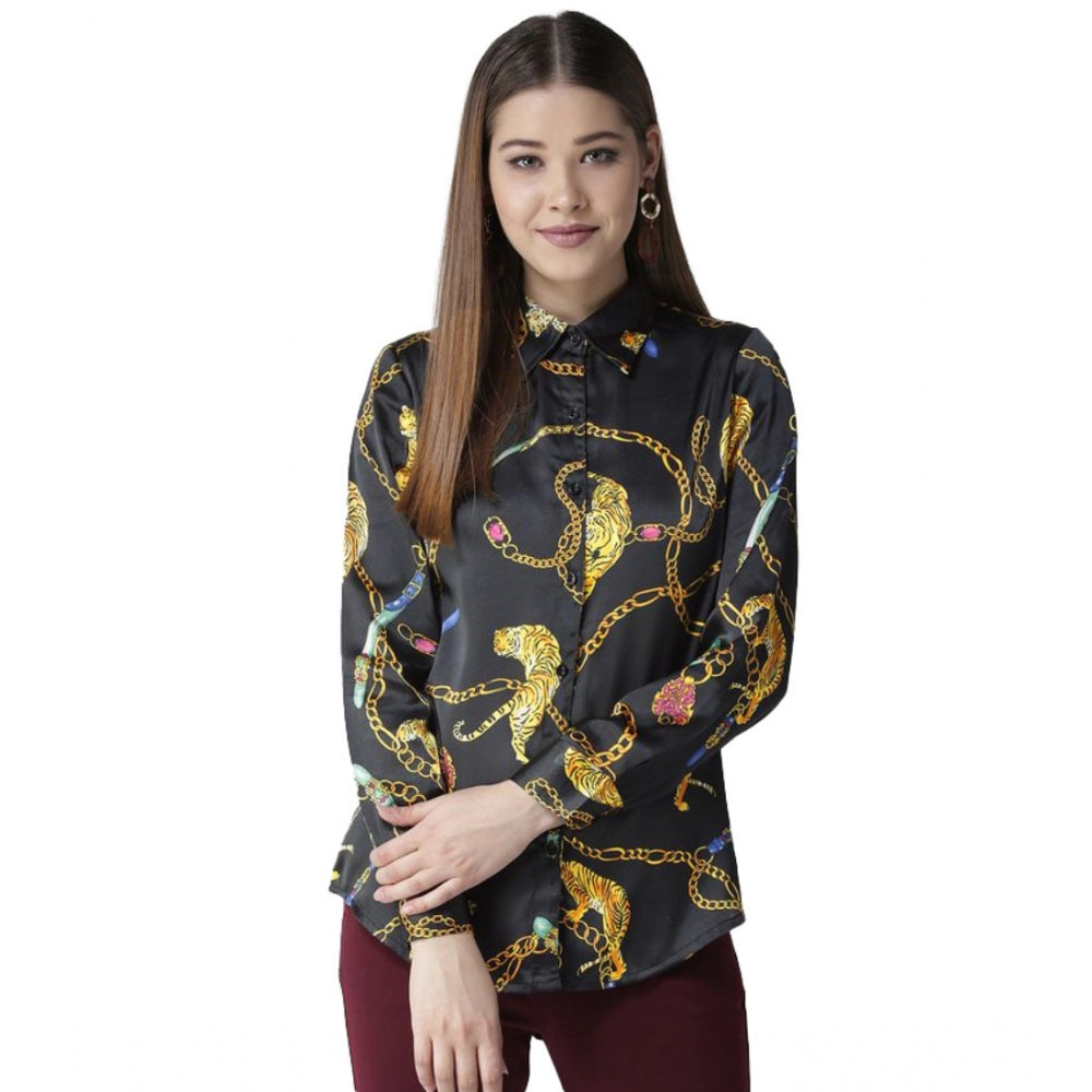 Snuggle Spot Women's Satin Printed Long Sleeves Standard Length Shirt (Black - Gold)