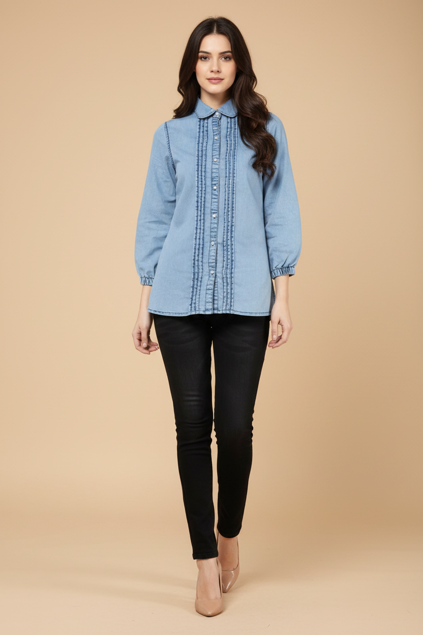 Snuggle Spot Women's Denim Solid 3-4th Sleeves Standard Length Shirt (Blue)