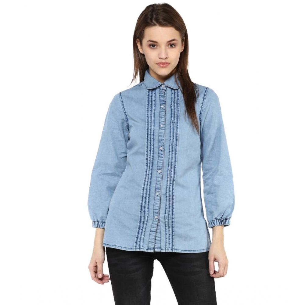 Snuggle Spot Women's Denim Solid 3-4th Sleeves Standard Length Shirt (Blue)