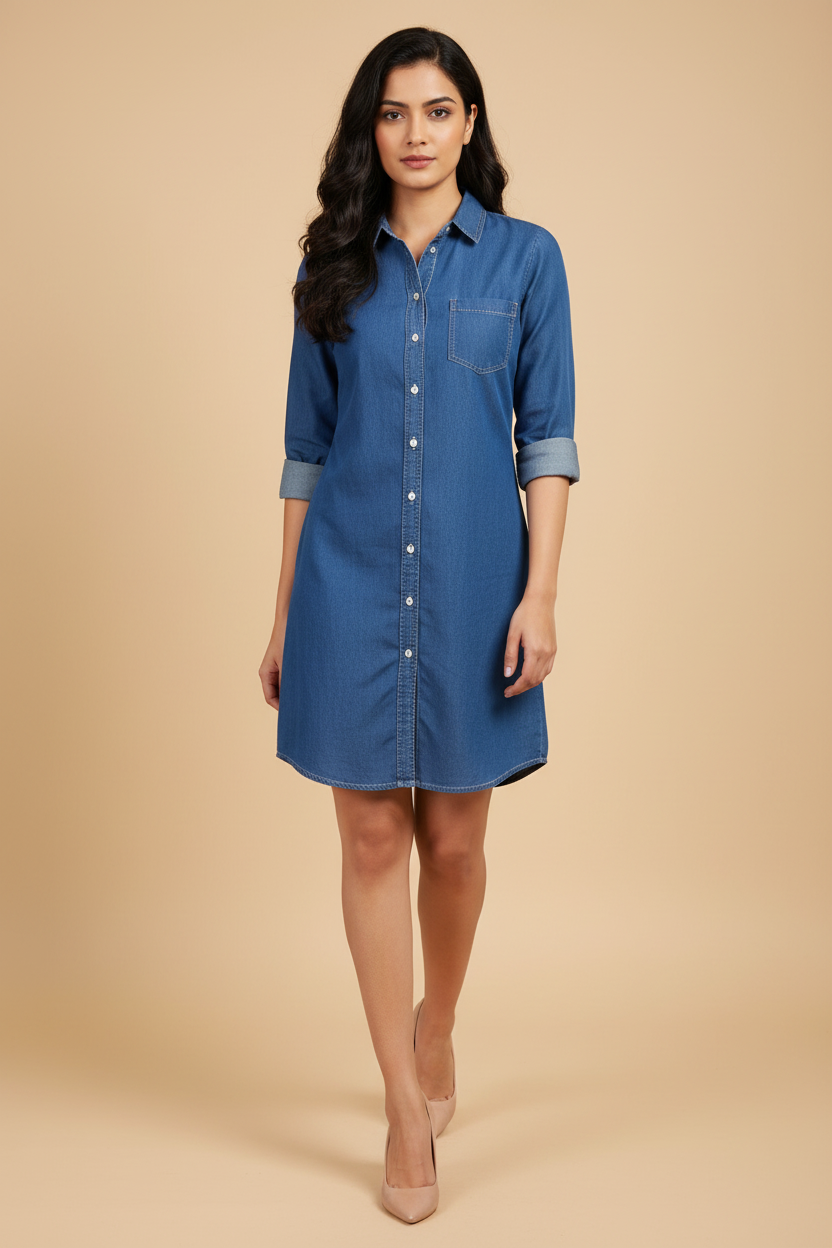 Snuggle Spot Women's Denim Solid Long Sleeves Above Knee Dress (Blue)