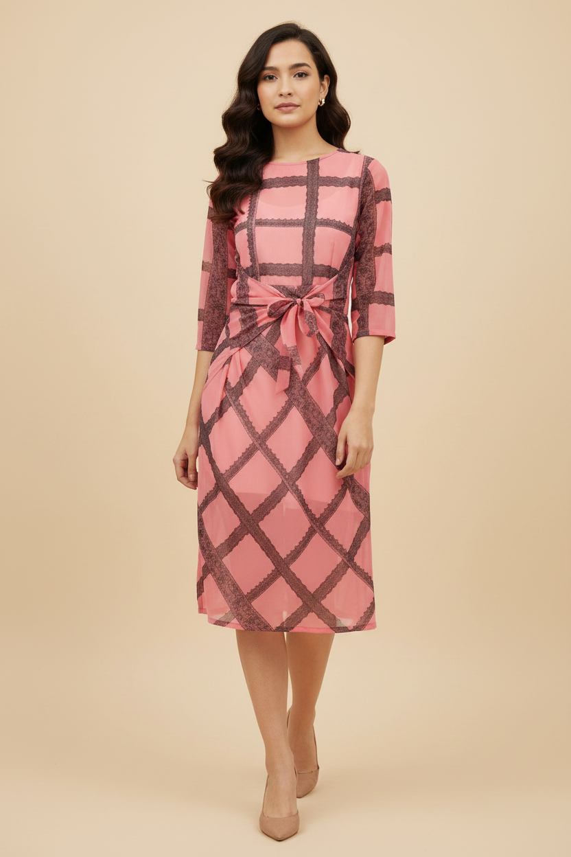Snuggle Spot Women's Polyester Checkered 3-4th Sleeves Below Knee Dress (Pink)