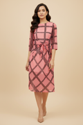 Snuggle Spot Women's Polyester Checkered 3-4th Sleeves Below Knee Dress (Pink)