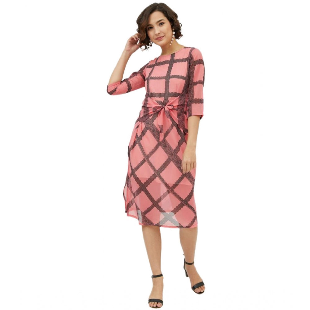 Snuggle Spot Women's Polyester Checkered 3-4th Sleeves Below Knee Dress (Pink)
