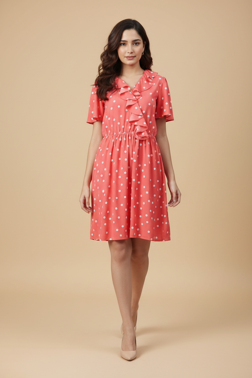 Snuggle Spot Women's Polyester Polka Flutter Above Knee Dress (Coral)