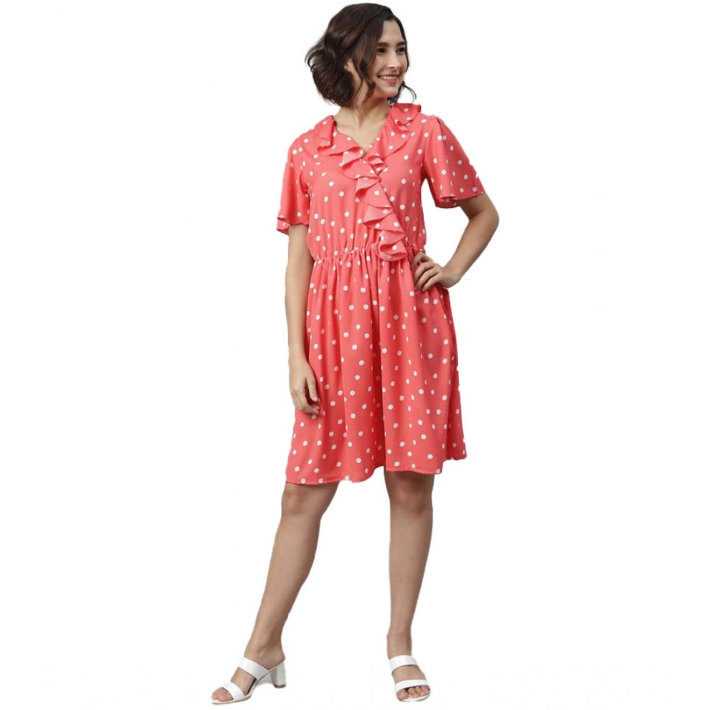 Snuggle Spot Women's Polyester Polka Flutter Above Knee Dress (Coral)