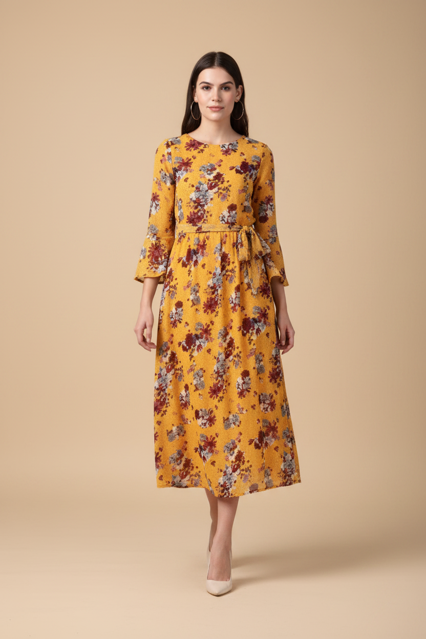 Snuggle Spot Women's Polyester Floral Long Sleeves Calf-length Dress (Yellow)