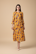 Snuggle Spot Women's Polyester Floral Long Sleeves Calf-length Dress (Yellow)