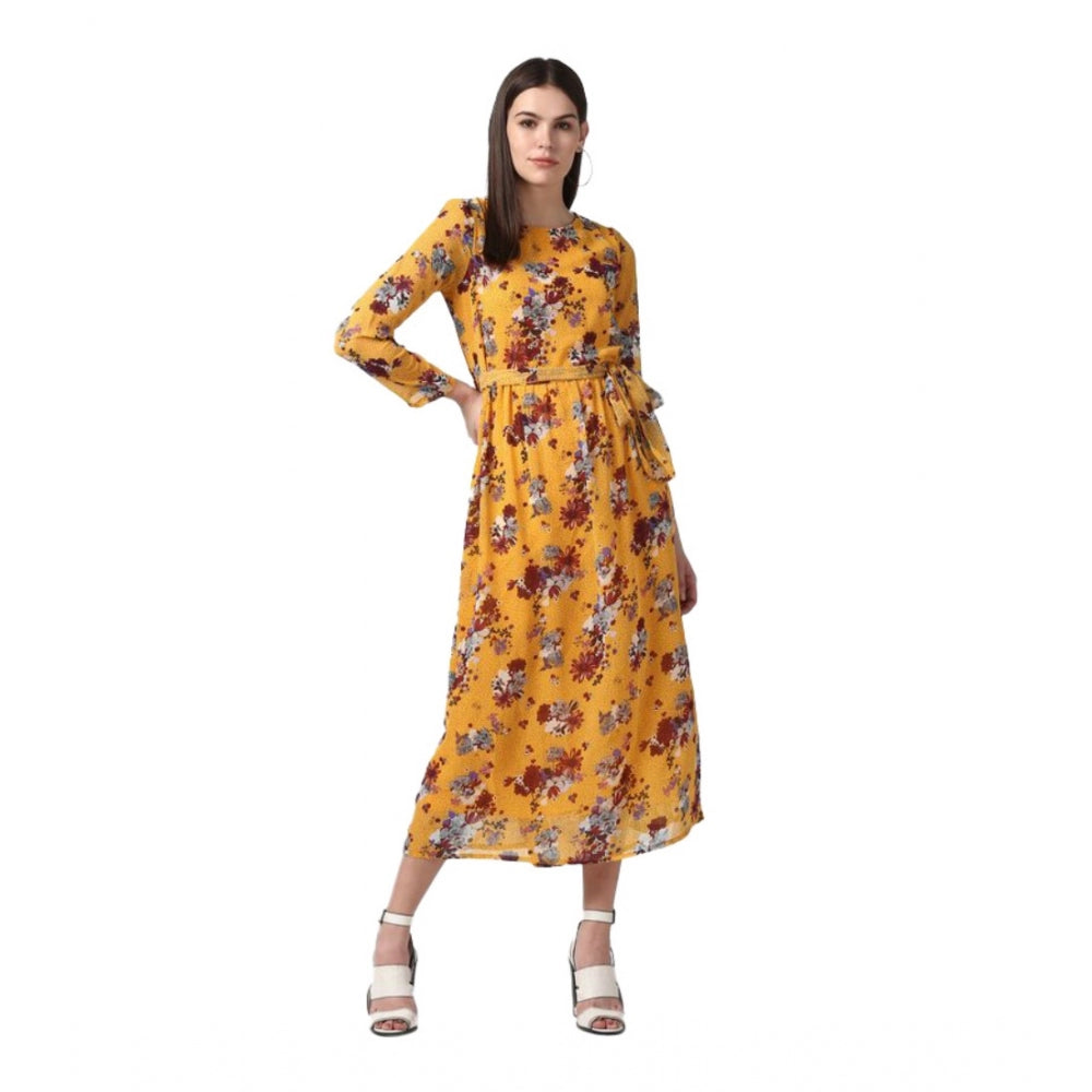 Snuggle Spot Women's Polyester Floral Long Sleeves Calf-length Dress (Yellow)