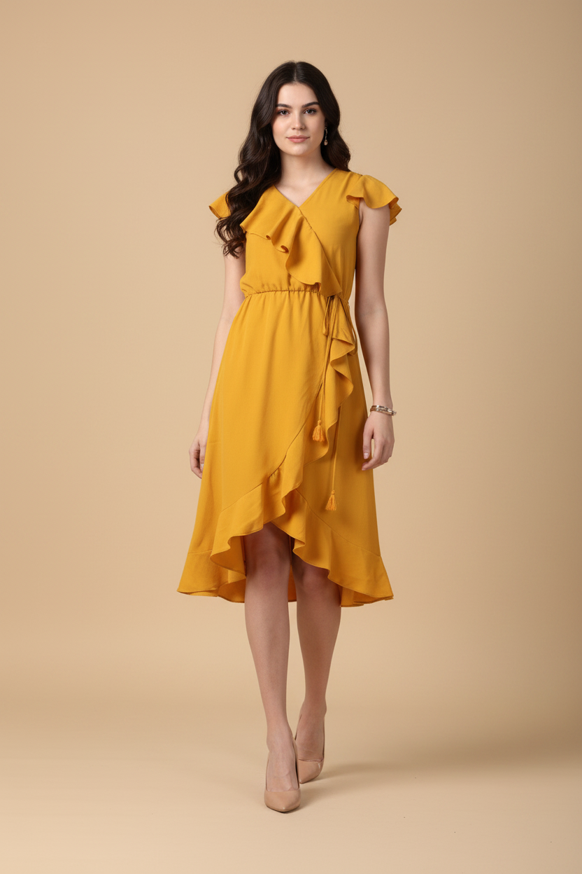 Snuggle Spot Women's Polyester Ruffled Cap Sleeve Knee-Length Dress (Yellow)