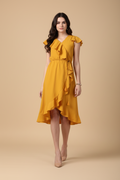 Snuggle Spot Women's Polyester Ruffled Cap Sleeve Knee-Length Dress (Yellow)