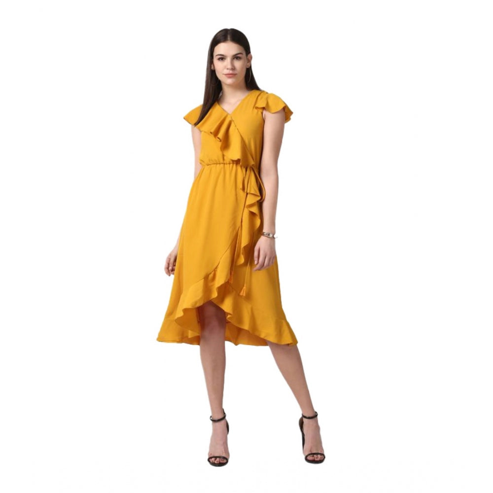 Snuggle Spot Women's Polyester Ruffled Cap Sleeve Knee-Length Dress (Yellow)