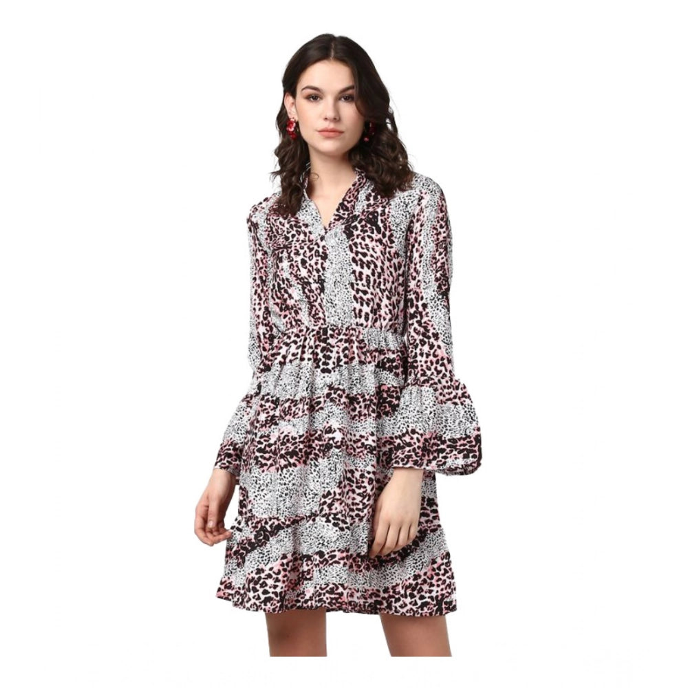 Snuggle Spot Women's Polyester Animal Print Bell Sleeve Above Knee Dress (Pink - Black)