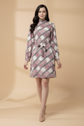 Snuggle Spot Women's Polyester Checkered Long Sleeves Above Knee Dress (Off White - Lavender)