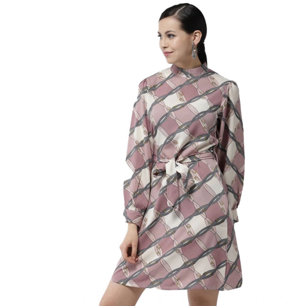 Snuggle Spot Women's Polyester Checkered Long Sleeves Above Knee Dress (Off White - Lavender)