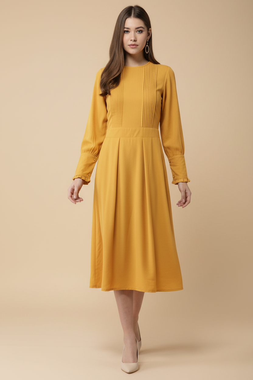 Snuggle Spot Women's Polyester Pintuck Long Sleeves Below Knee Dress (Yellow)
