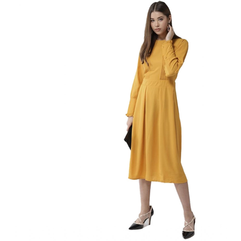 Snuggle Spot Women's Polyester Pintuck Long Sleeves Below Knee Dress (Yellow)