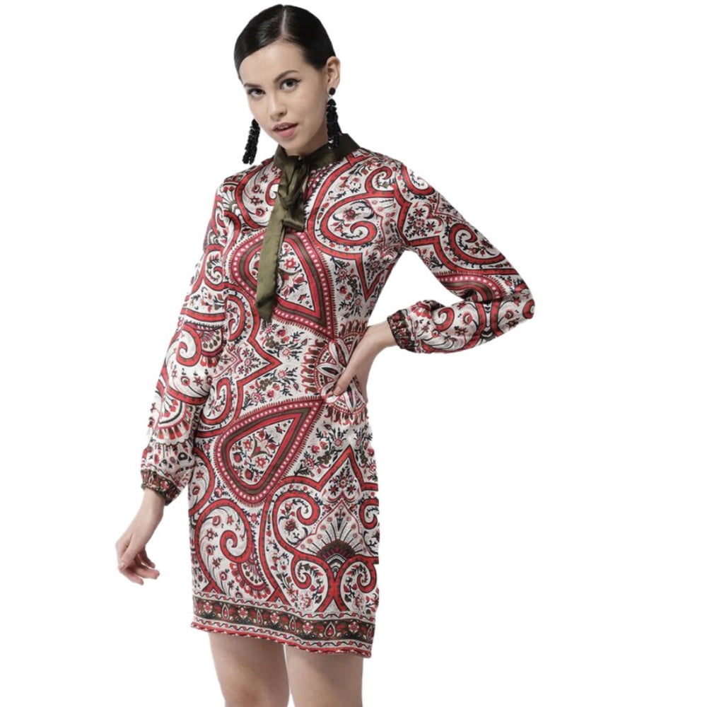 Snuggle Spot Women's Polyester Printed Long Sleeves Above Knee Dress (Red)