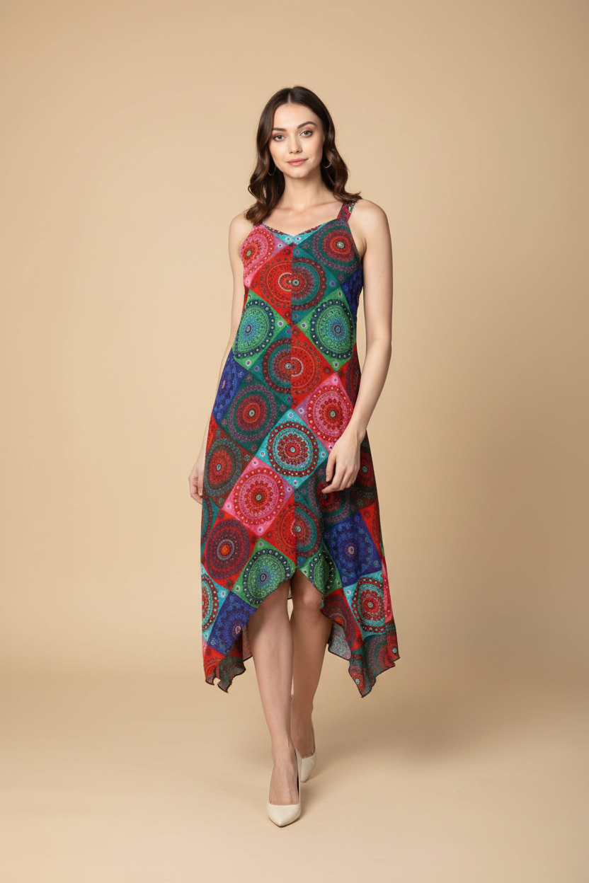 Snuggle Spot Women's Polyester Asymmetrical Shoulder Straps Knee-Length Dress (Multicolor)