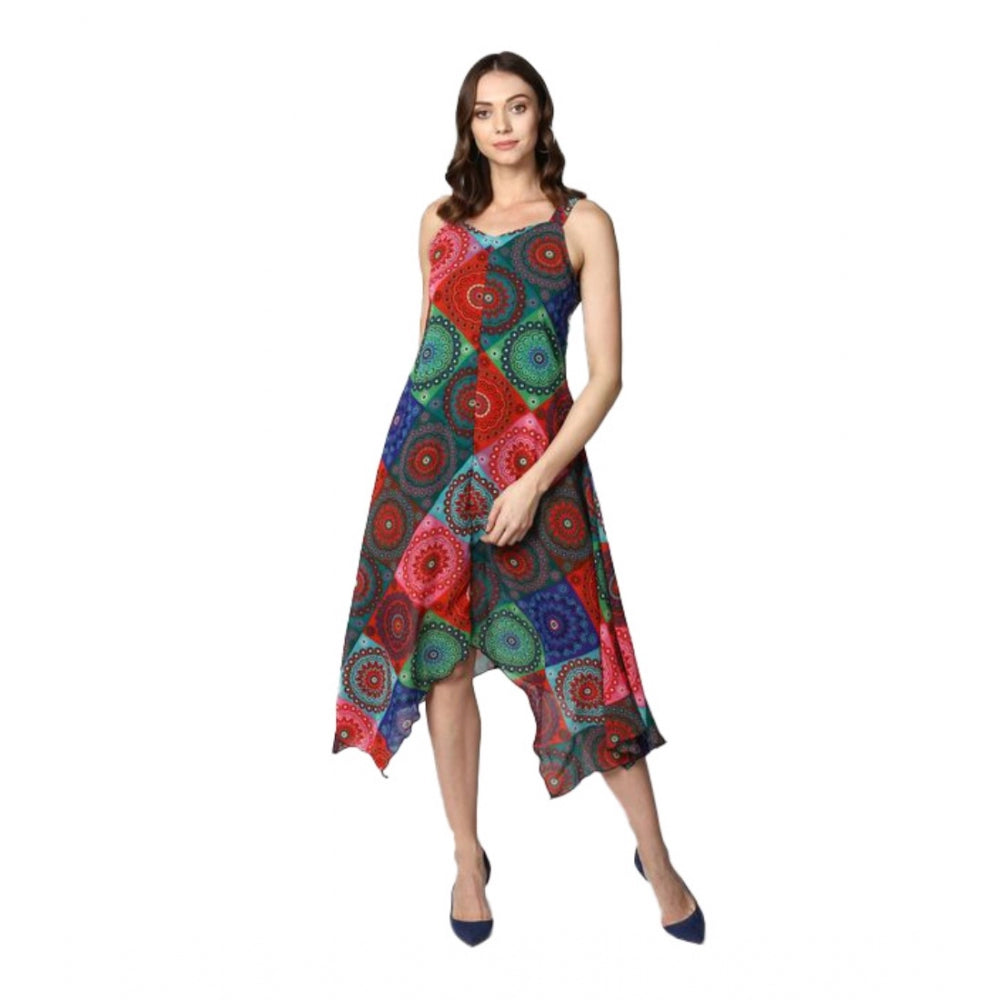 Snuggle Spot Women's Polyester Asymmetrical Shoulder Straps Knee-Length Dress (Multicolor)