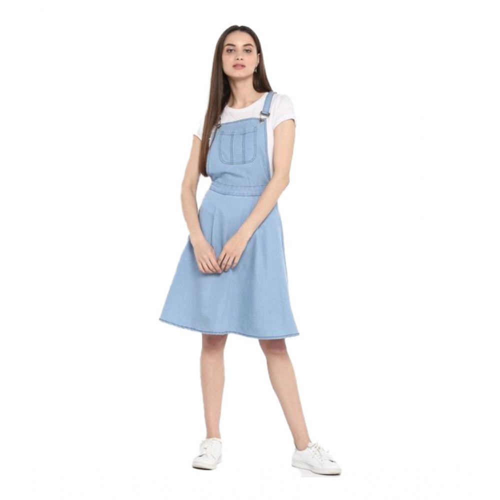 Snuggle Spot Women's Denim Solid Sleeveless Above Knee Dress (Blue)