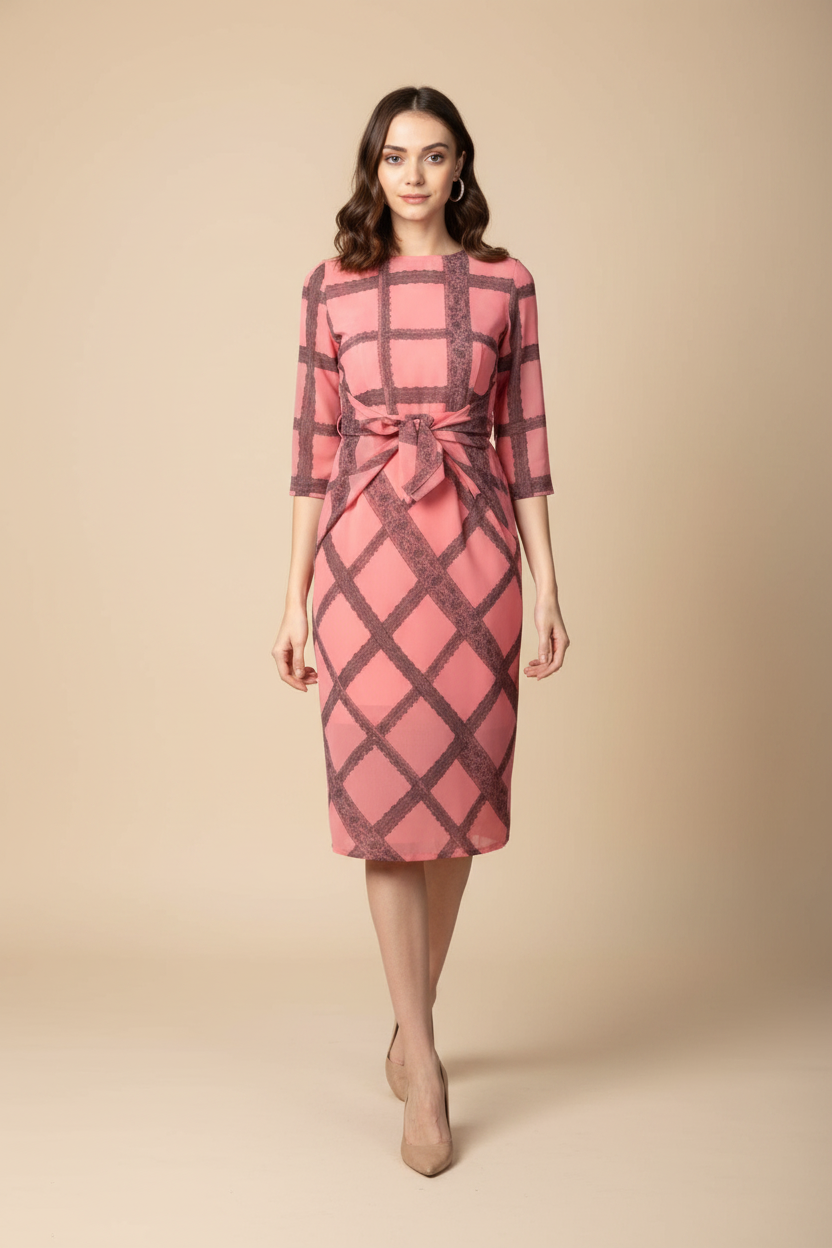 Snuggle Spot Women's Polyester Checkered 3-4th Sleeves Below Knee Dress (Pink - Black)