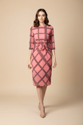 Snuggle Spot Women's Polyester Checkered 3-4th Sleeves Below Knee Dress (Pink - Black)