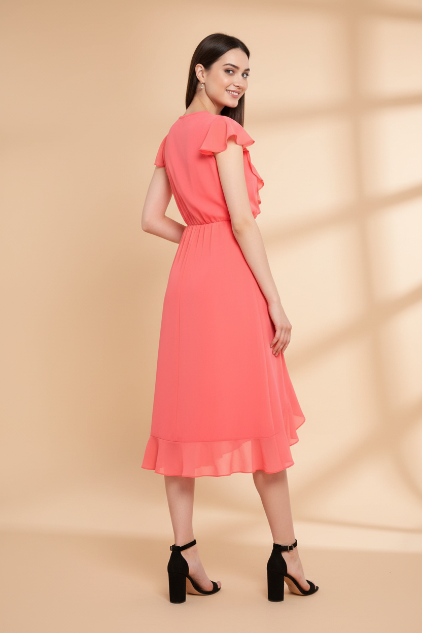 Snuggle Spot Women's Polyester Ruffled Cap Sleeve Below Knee Dress (Coral Pink)