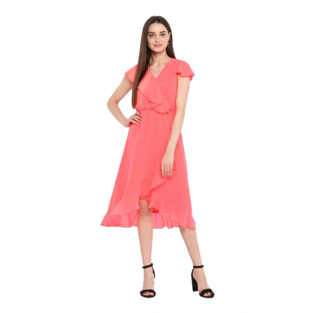 Snuggle Spot Women's Polyester Ruffled Cap Sleeve Below Knee Dress (Coral Pink)