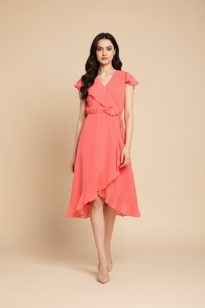 Snuggle Spot Women's Polyester Ruffled Cap Sleeve Below Knee Dress (Coral Pink)
