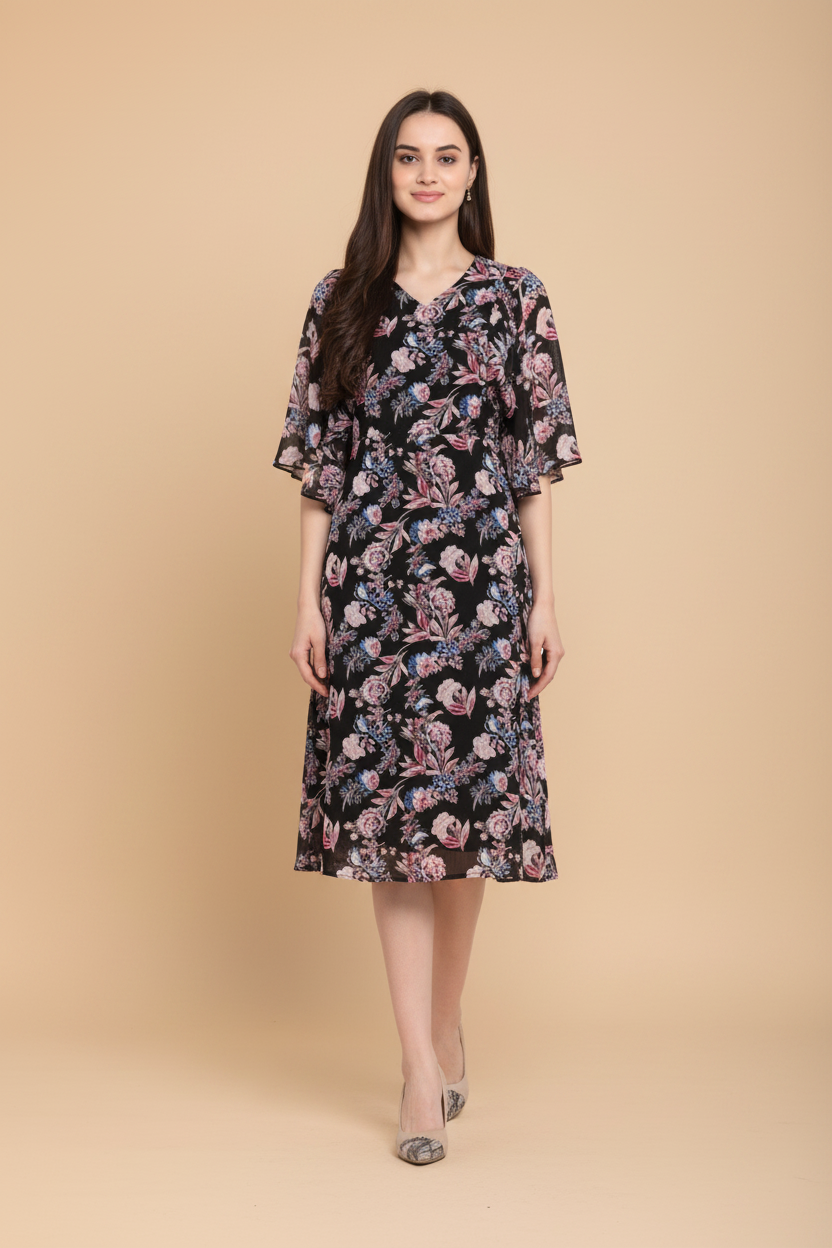Snuggle Spot Women's Polyester Floral Short Sleeve Knee-Length Dress (Black - Multicolor)