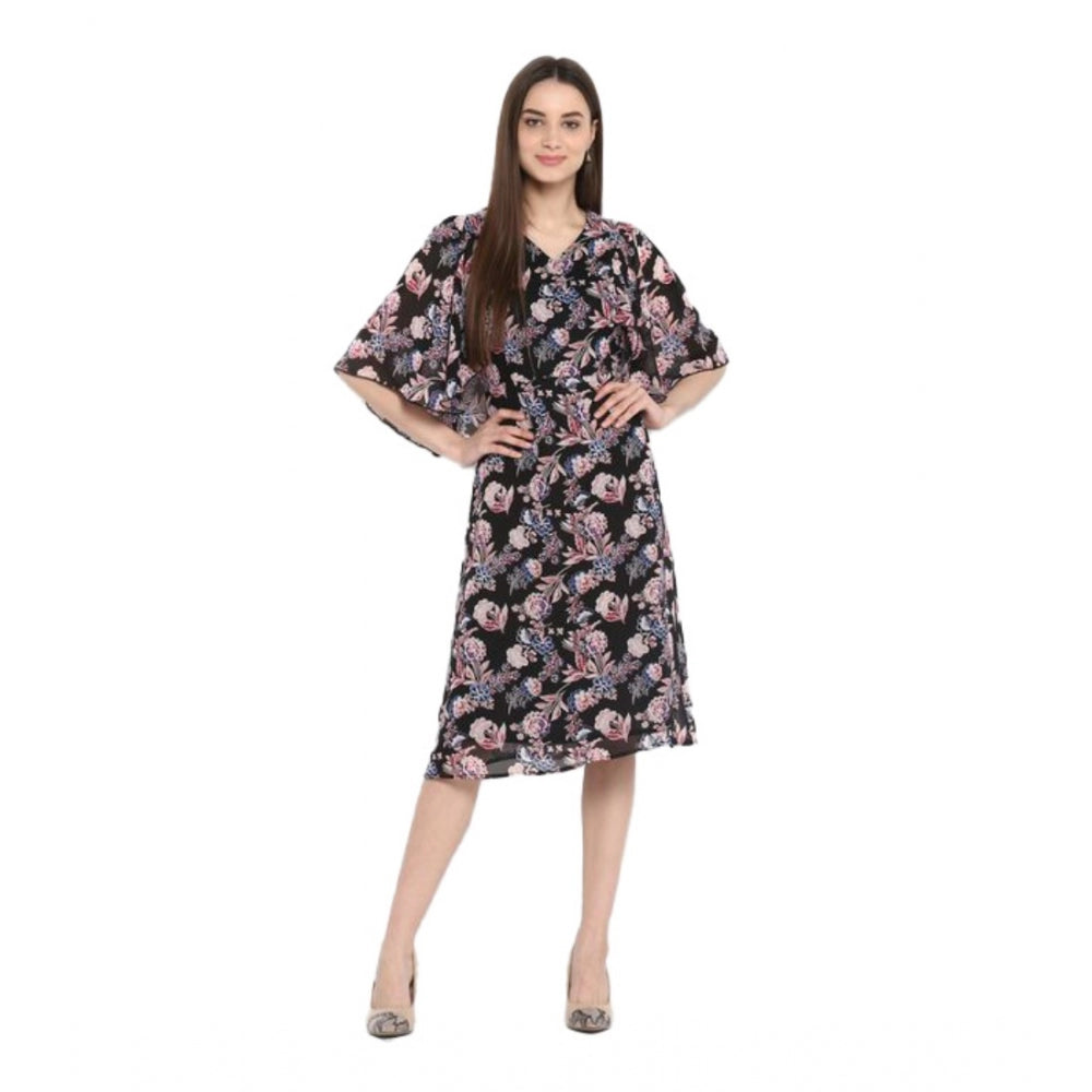 Snuggle Spot Women's Polyester Floral Short Sleeve Knee-Length Dress (Black - Multicolor)
