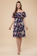 Snuggle Spot Women's Polyester Crepe Floral Half Sleeve Above Knee Dress (Navy Blue)