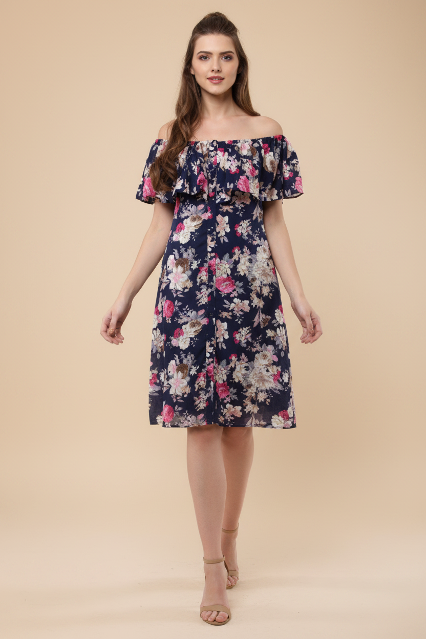 Snuggle Spot Women's Polyester Crepe Floral Half Sleeve Above Knee Dress (Navy Blue)