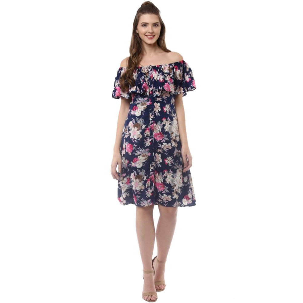 Snuggle Spot Women's Polyester Crepe Floral Half Sleeve Above Knee Dress (Navy Blue)