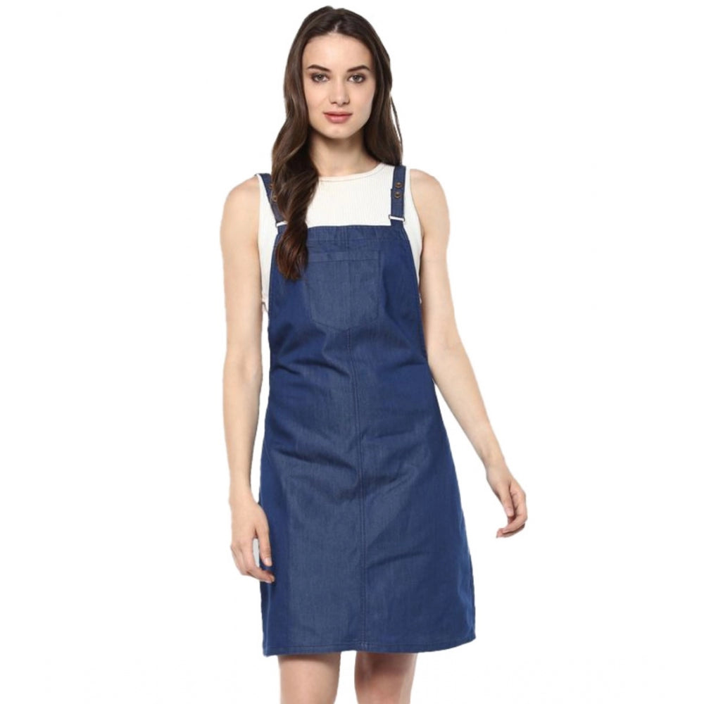 Snuggle Spot Women's Denim Solid Shoulder Straps Above Knee Dress (Blue)